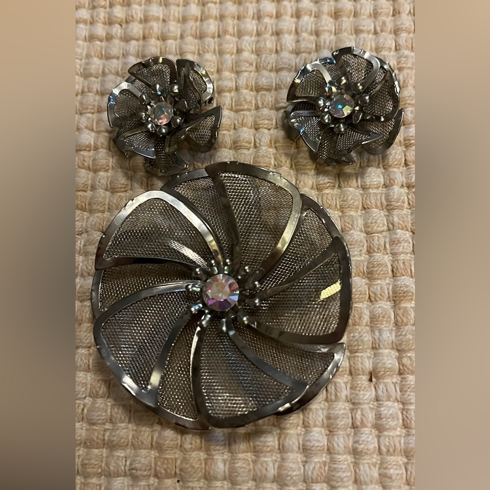 Vintage MCM Silver tone brooch and clip earring set. Signed BED brand